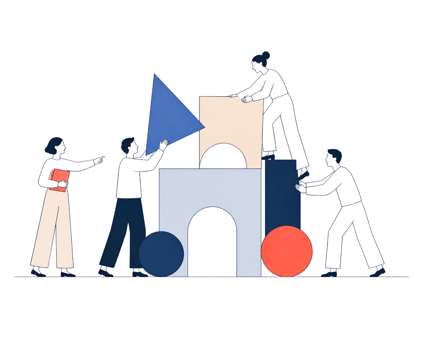 Ilustración de un equipo construyendo una estructura en conjunto