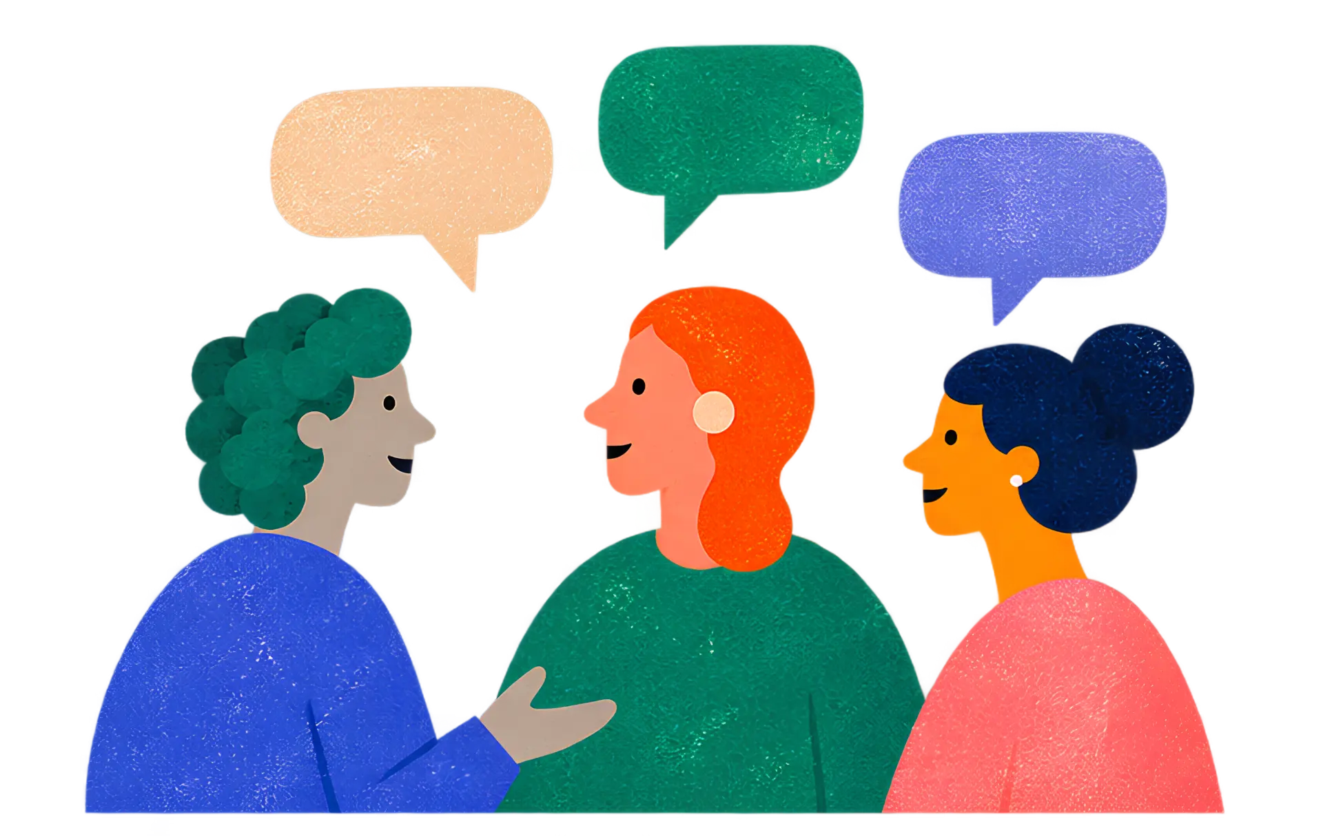 Ilustración de tres personas conversando con burbujas de diálogo