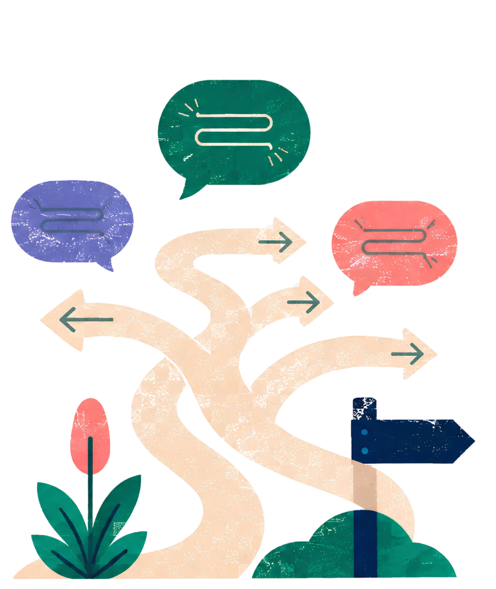 Ilustración: caminos con flechas y burbujas de conversación